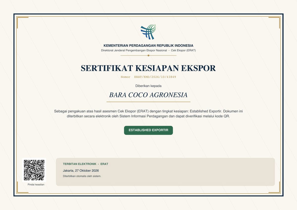 Ministry of Trade Export Readiness Certificate (Sertifikat Kesiapan Ekspor) ERAT/KMD/2026/10/43849 for BARA COCO AGRONESIA, Established Exportir (highest readiness level), issued 27 October 2026