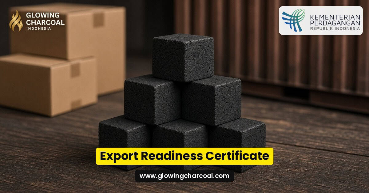 Uniform deep-black coconut shell shisha charcoal cubes stacked on wood in front of export cartons and a shipping container