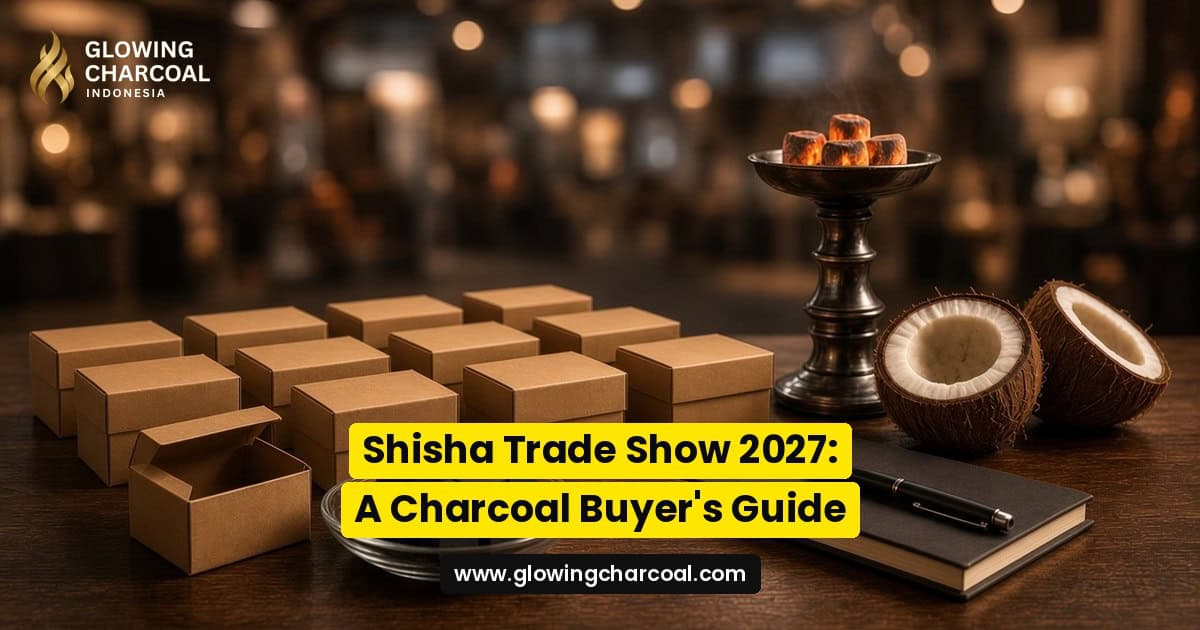 Uniform coconut shell shisha charcoal cubes in a glass dish and glowing on a hookah bowl, beside plain sample boxes and coconut shells on a trade show table