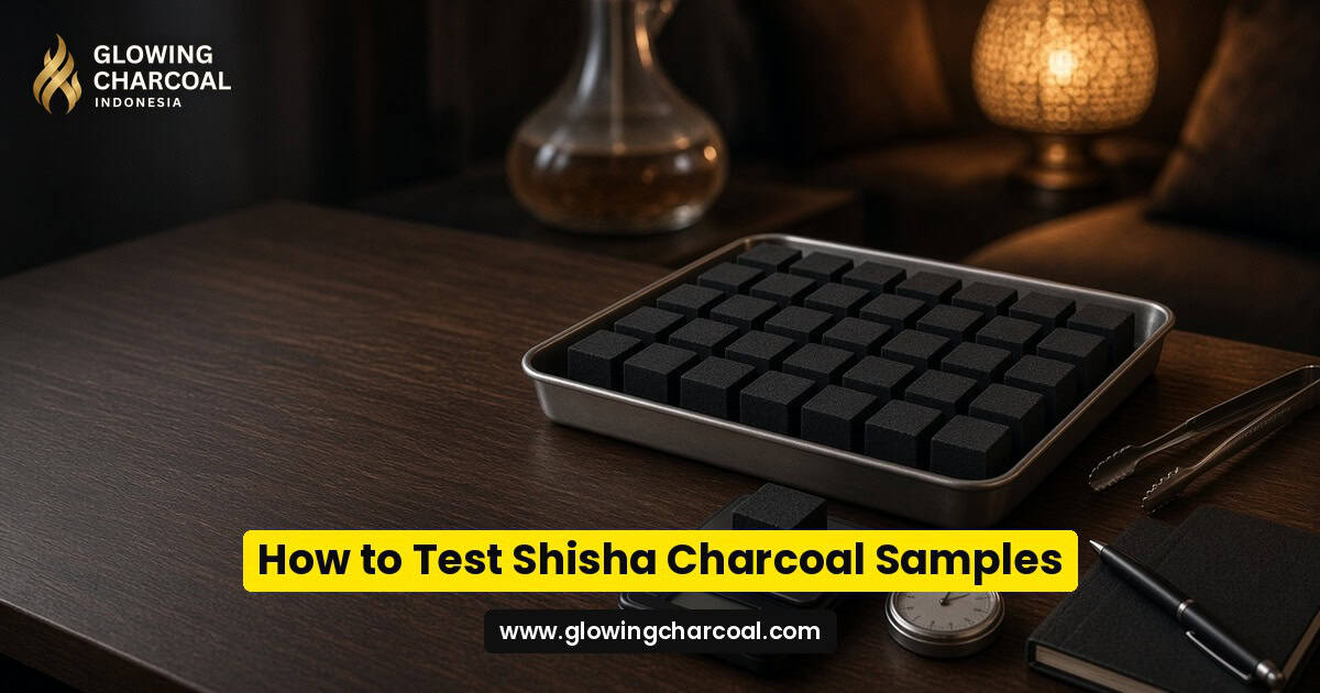 Uniform deep-black coconut shell shisha charcoal cubes on a steel tray beside a digital scale, a stopwatch and a notebook on a dark wooden table, ready for a sample test